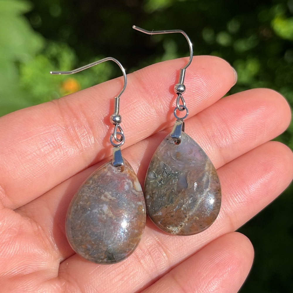 Stainless‎ steel brown moss agate earrings